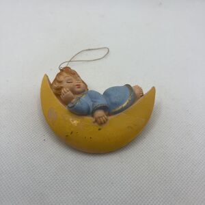 ANGEL Boy SLEEPING ON CRESCENT MOON Vintage Christmas Tree Ornament MCM 1980s